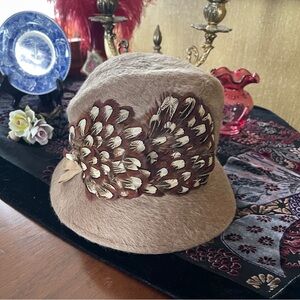 Brown and Tan Cloche Hat with Feather Embellishment